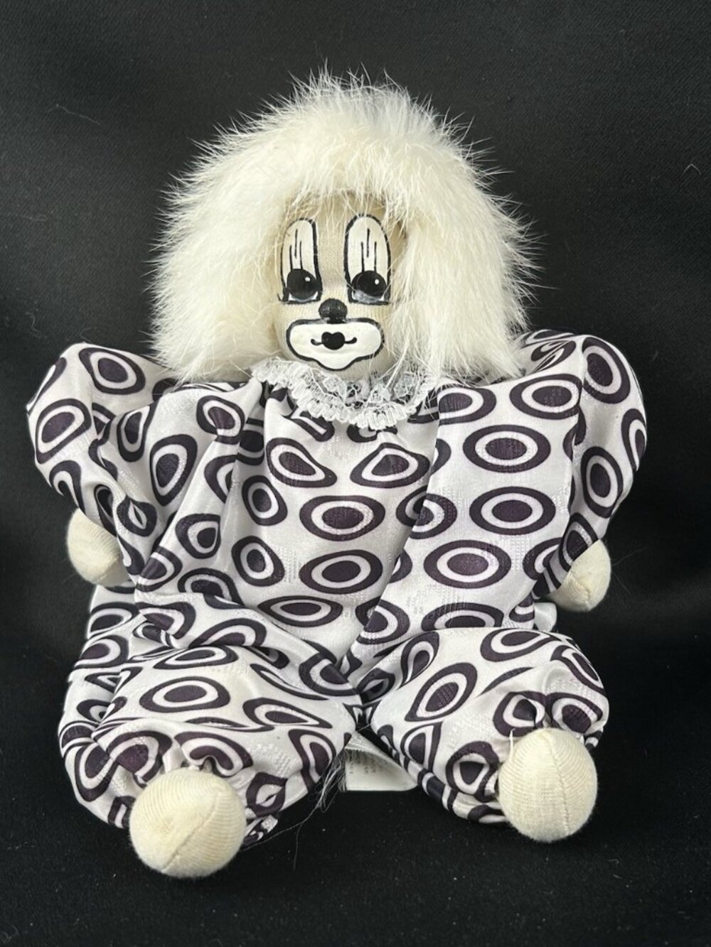Vintage Q-Tee Clown Shelf Sitter Doll 7" Hand Painted Black & White *With Tags*